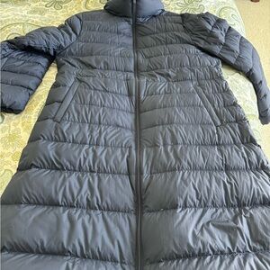 Navy Blue midi length puffer coat with Hood